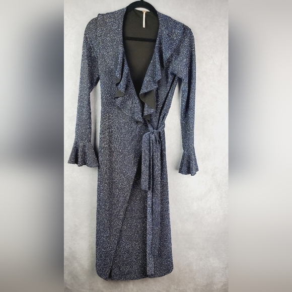 Free‎ People One more time Blue Black Shimmer Ruffle Fluence Midi wrap dress XS - Picture 6 of 13